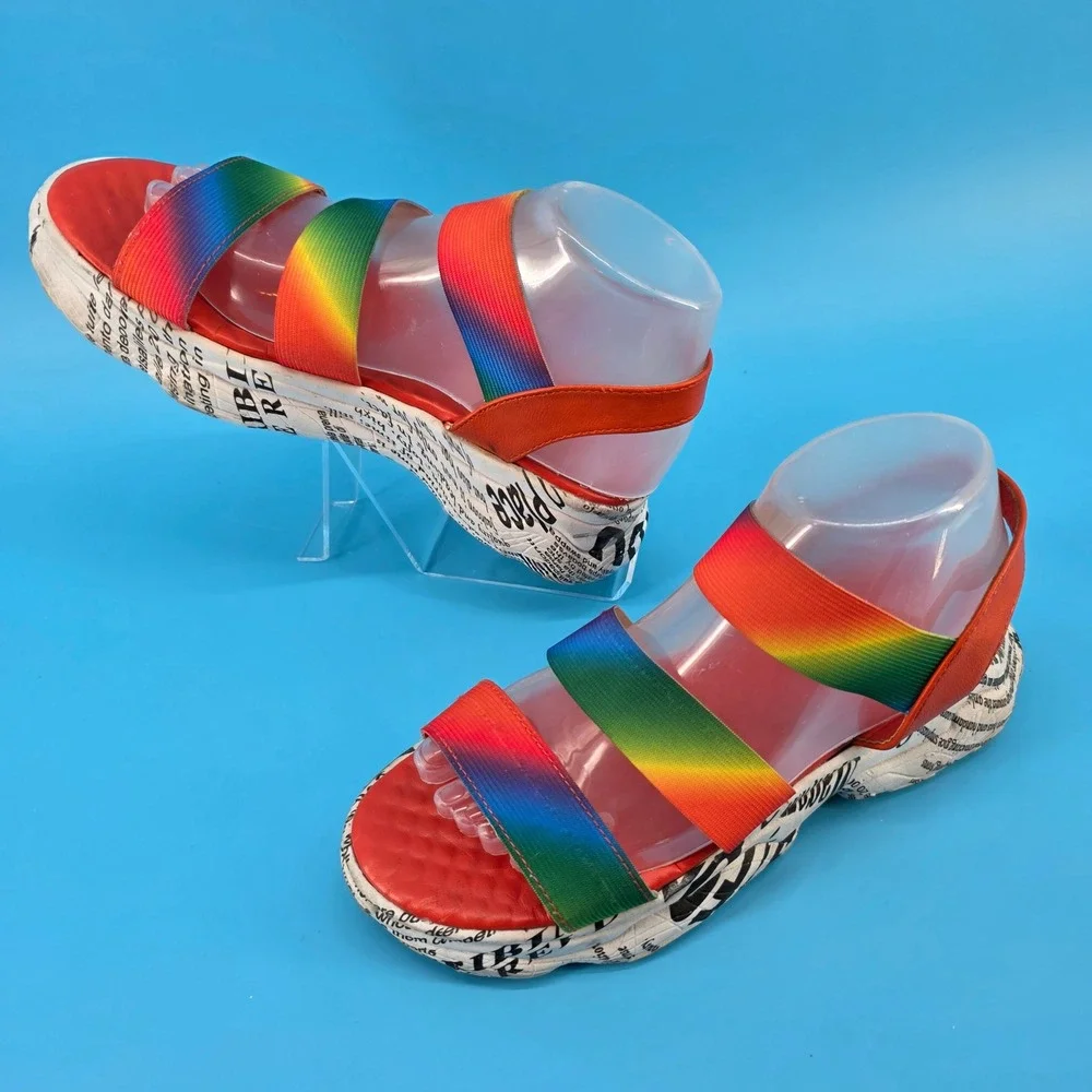 Rouge‎ Helium Rainbow Elastic Strap Newsprint Platform Sandals Red Womens 37.5